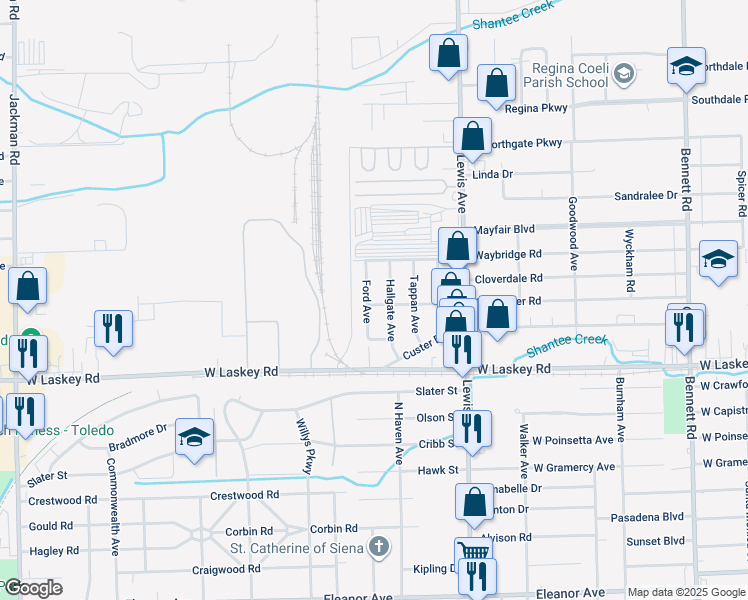 map of restaurants, bars, coffee shops, grocery stores, and more near 5065-5069 Hallgate Avenue in Toledo