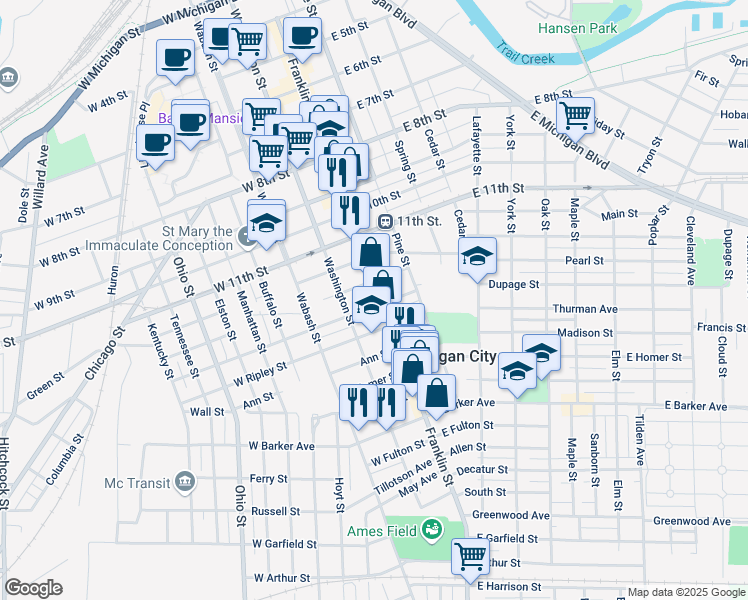 map of restaurants, bars, coffee shops, grocery stores, and more near 102 West William Street in Michigan City