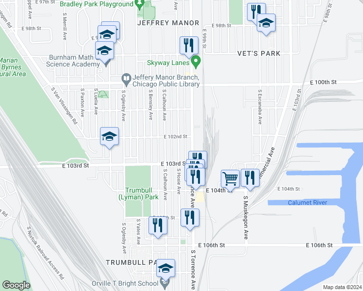 map of restaurants, bars, coffee shops, grocery stores, and more near 10217 South Hoxie Avenue in Chicago