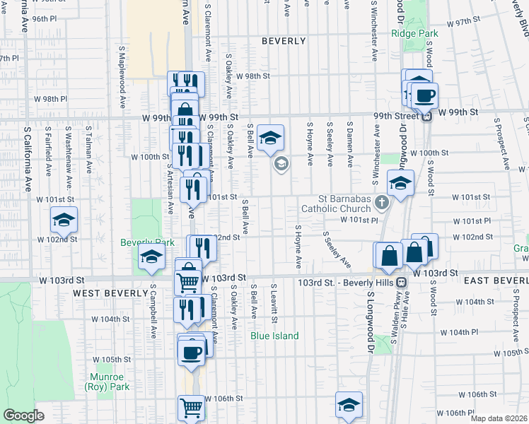 map of restaurants, bars, coffee shops, grocery stores, and more near 10135 South Bell Avenue in Chicago