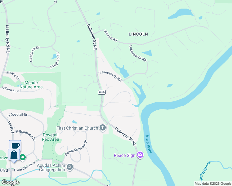 map of restaurants, bars, coffee shops, grocery stores, and more near 18 Fairview Knoll NE in Iowa City