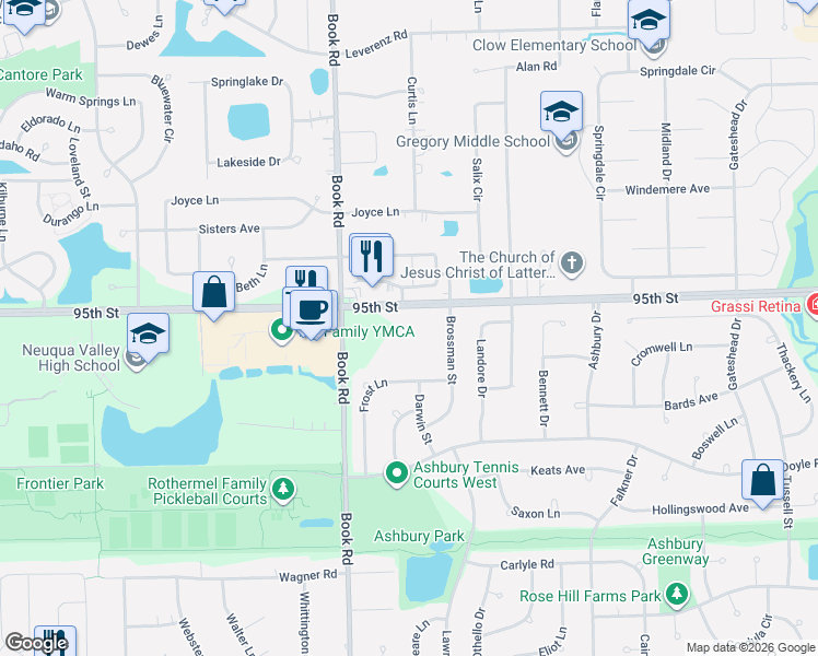 map of restaurants, bars, coffee shops, grocery stores, and more near 1852 95th Street in Naperville