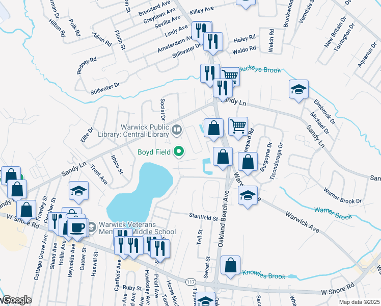 map of restaurants, bars, coffee shops, grocery stores, and more near 35 Waterview Avenue in Warwick