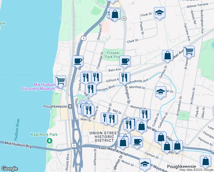 map of restaurants, bars, coffee shops, grocery stores, and more near 49 Verazzano Blvd in Poughkeepsie