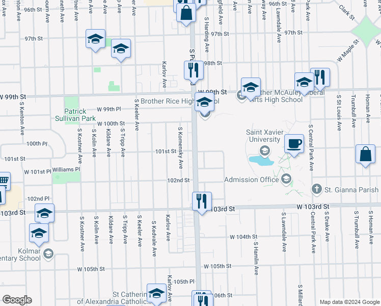 map of restaurants, bars, coffee shops, grocery stores, and more near 10100 South Pulaski Road in Oak Lawn