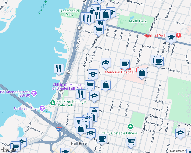 map of restaurants, bars, coffee shops, grocery stores, and more near 56 Gatehouse Drive in Fall River