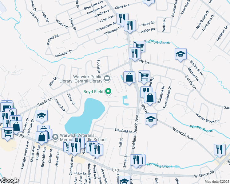map of restaurants, bars, coffee shops, grocery stores, and more near 35 Waterview Avenue in Warwick