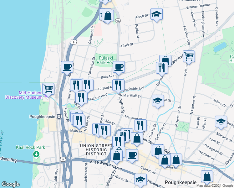 map of restaurants, bars, coffee shops, grocery stores, and more near 83 Washington Street in Poughkeepsie