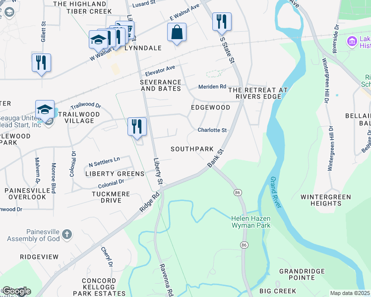 map of restaurants, bars, coffee shops, grocery stores, and more near 850 Marshall Drive in Painesville