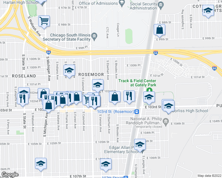 map of restaurants, bars, coffee shops, grocery stores, and more near 10200 South Rhodes Avenue in Chicago