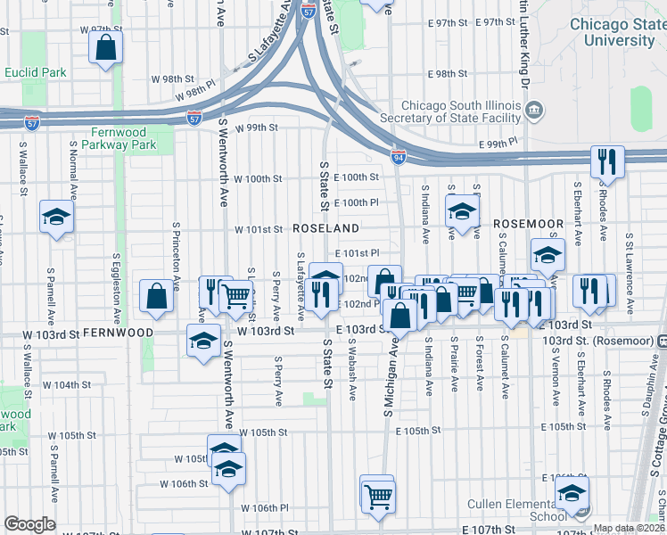 map of restaurants, bars, coffee shops, grocery stores, and more near 27 East 102nd Street in Chicago