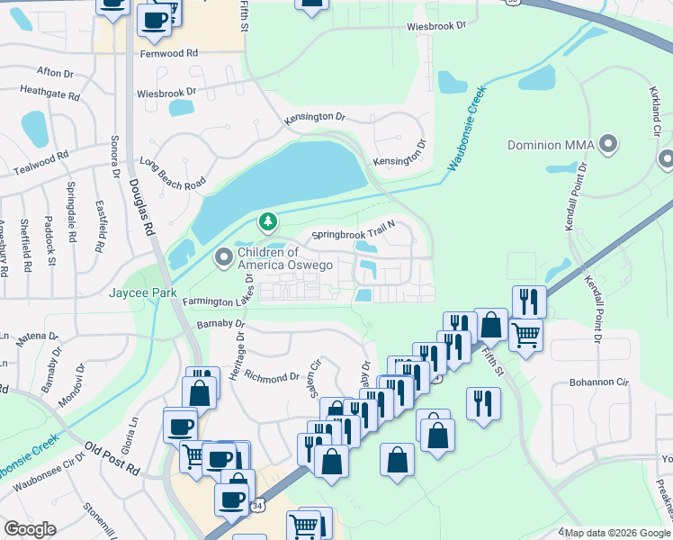 map of restaurants, bars, coffee shops, grocery stores, and more near 187 Springbrook Trail South in Oswego