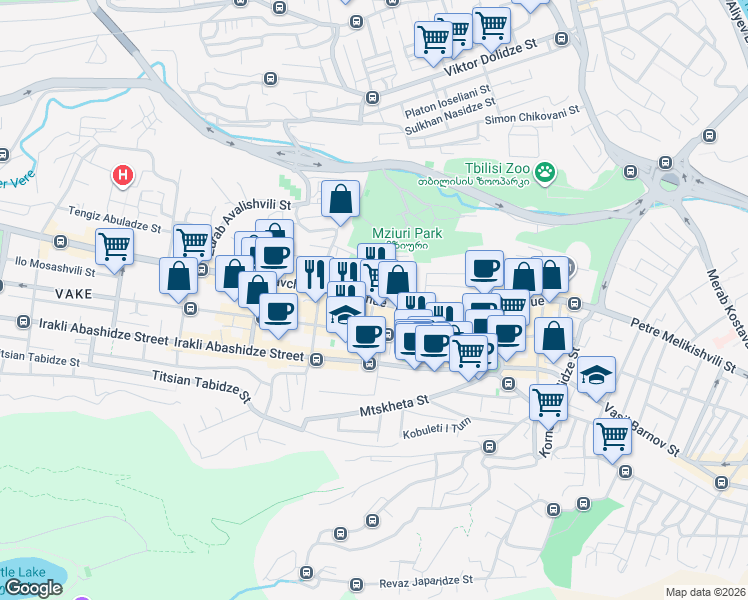 map of restaurants, bars, coffee shops, grocery stores, and more near Didim Mirtskhulava Street in Tbilisi