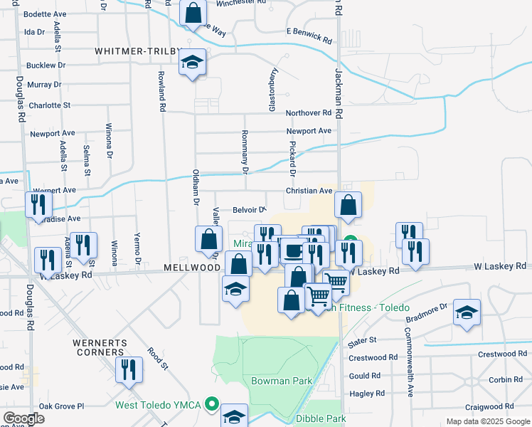 map of restaurants, bars, coffee shops, grocery stores, and more near 1897 Belvoir Drive in Toledo
