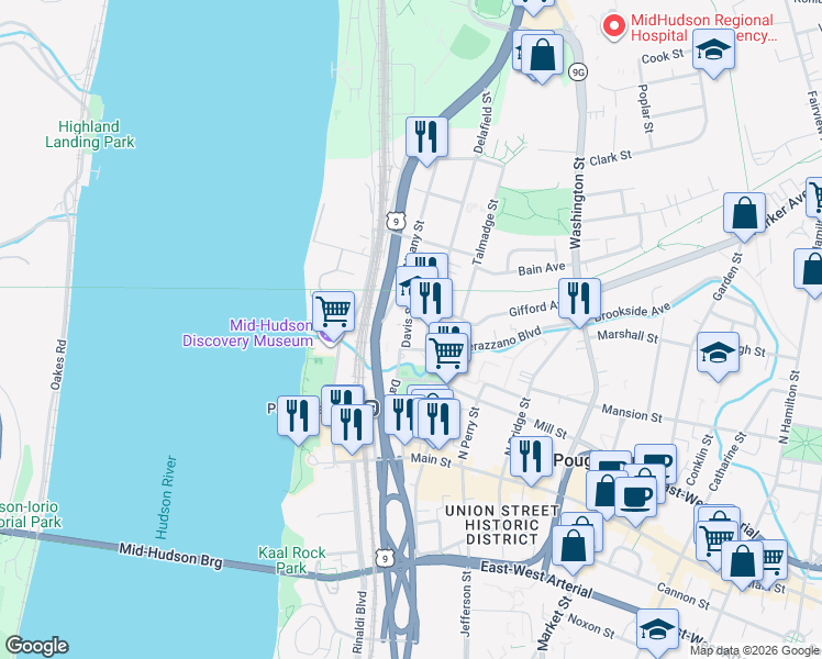 map of restaurants, bars, coffee shops, grocery stores, and more near 13 Davis Street in Poughkeepsie