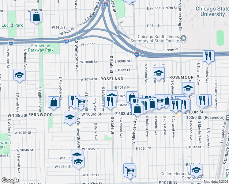 map of restaurants, bars, coffee shops, grocery stores, and more near 27 East 102nd Street in Chicago