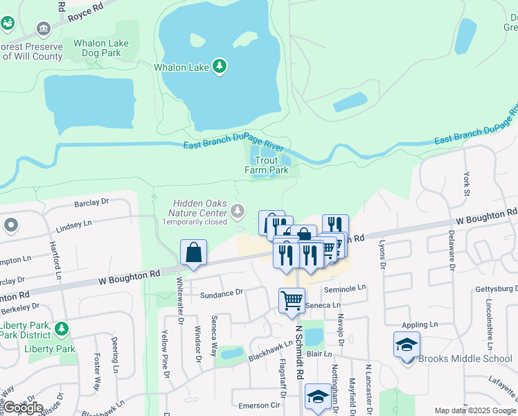map of restaurants, bars, coffee shops, grocery stores, and more near 419 Trout Farm Road in Bolingbrook