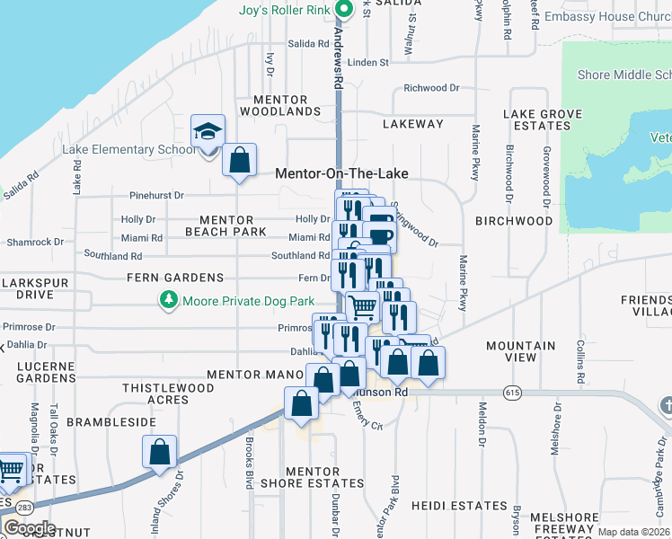 map of restaurants, bars, coffee shops, grocery stores, and more near 5966 Andrews Road in Mentor-on-the-Lake