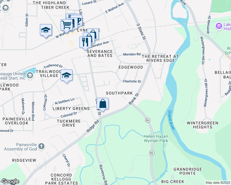 map of restaurants, bars, coffee shops, grocery stores, and more near 850 Marshall Drive in Painesville