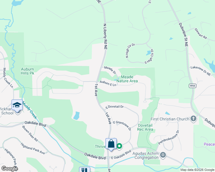 map of restaurants, bars, coffee shops, grocery stores, and more near 32 Auburn East Lane in Coralville