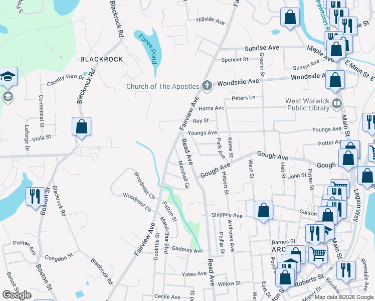map of restaurants, bars, coffee shops, grocery stores, and more near 289 Read Avenue in Coventry