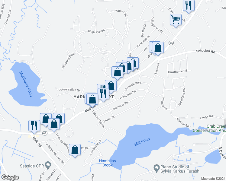 map of restaurants, bars, coffee shops, grocery stores, and more near 6 Manchester Road in Yarmouth