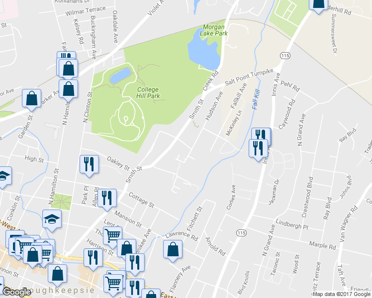 map of restaurants, bars, coffee shops, grocery stores, and more near 11 Weed Street in Poughkeepsie