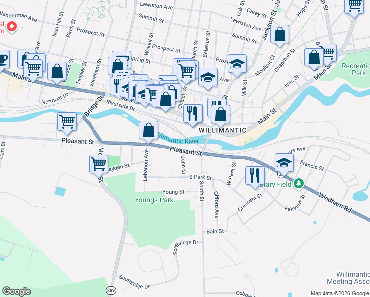 map of restaurants, bars, coffee shops, grocery stores, and more near 154 Pleasant Street in Windham