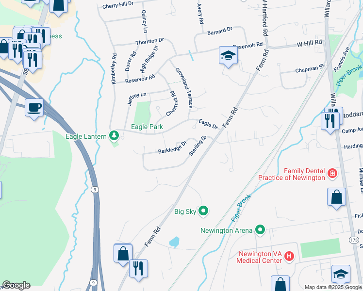 map of restaurants, bars, coffee shops, grocery stores, and more near 68 Sterling Drive in Newington