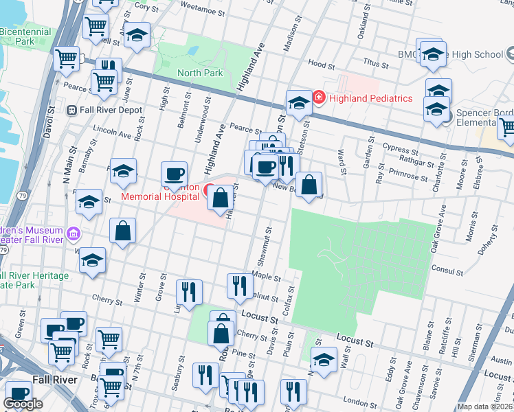 map of restaurants, bars, coffee shops, grocery stores, and more near 126 Summerfield Street in Fall River