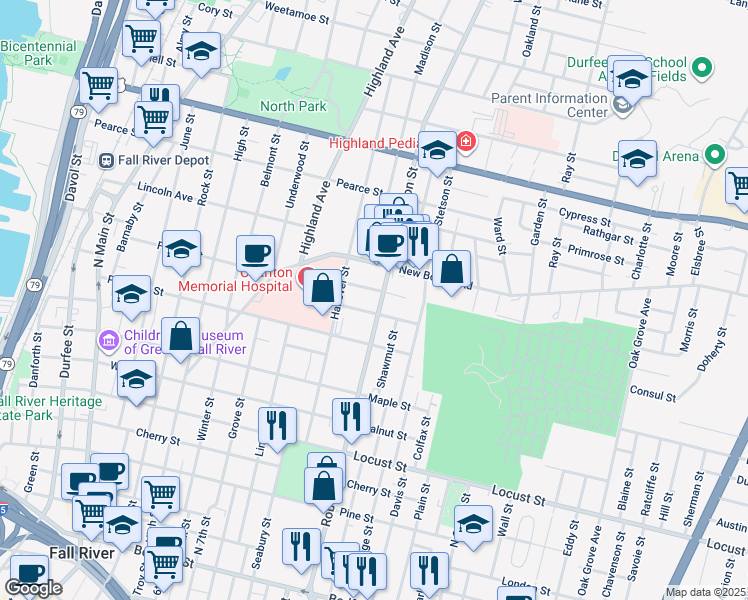 map of restaurants, bars, coffee shops, grocery stores, and more near 126 Summerfield Street in Fall River