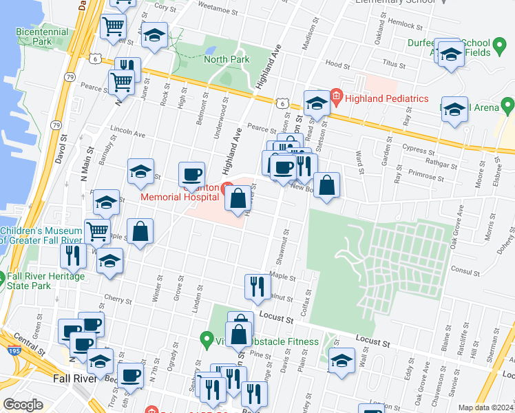 map of restaurants, bars, coffee shops, grocery stores, and more near 47 Summerfield Street in Fall River
