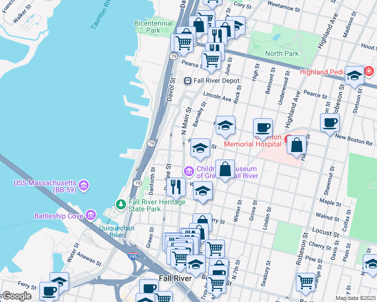 map of restaurants, bars, coffee shops, grocery stores, and more near 507 North Main Street in Fall River