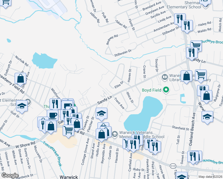 map of restaurants, bars, coffee shops, grocery stores, and more near 2 Armory Drive in Warwick
