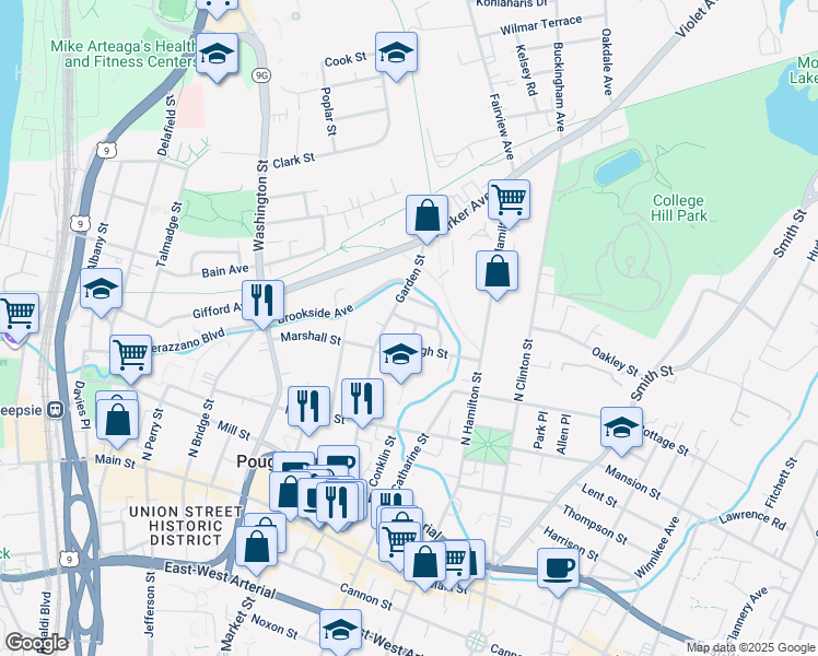 map of restaurants, bars, coffee shops, grocery stores, and more near 6 High Street in Poughkeepsie