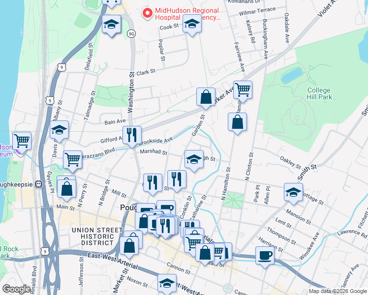 map of restaurants, bars, coffee shops, grocery stores, and more near 6 High Street in Poughkeepsie