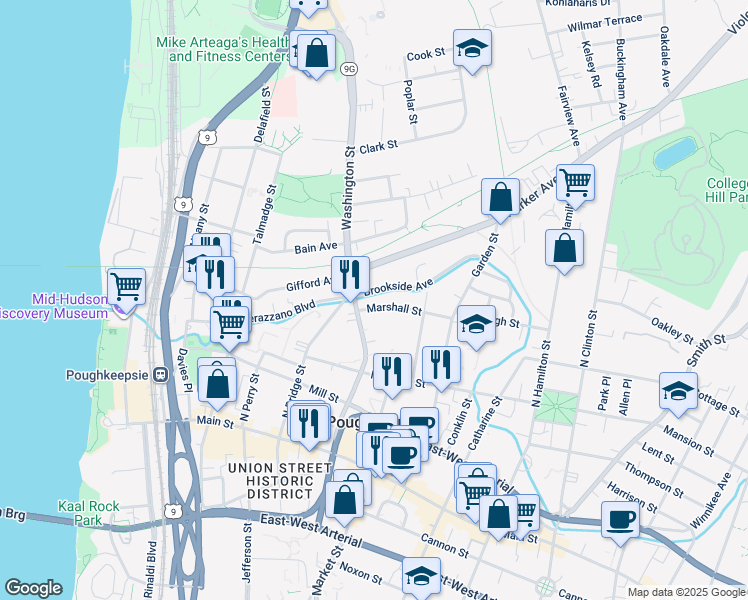 map of restaurants, bars, coffee shops, grocery stores, and more near 83 Washington Street in Poughkeepsie