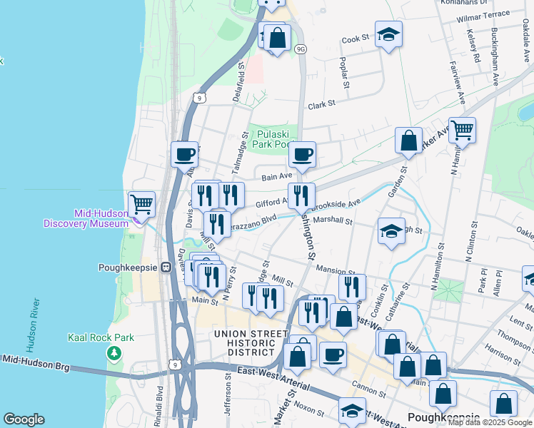 map of restaurants, bars, coffee shops, grocery stores, and more near 49 Verazzano Boulevard in Poughkeepsie