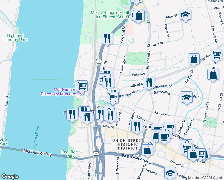 map of restaurants, bars, coffee shops, grocery stores, and more near 1 Verazzano Boulevard in Poughkeepsie