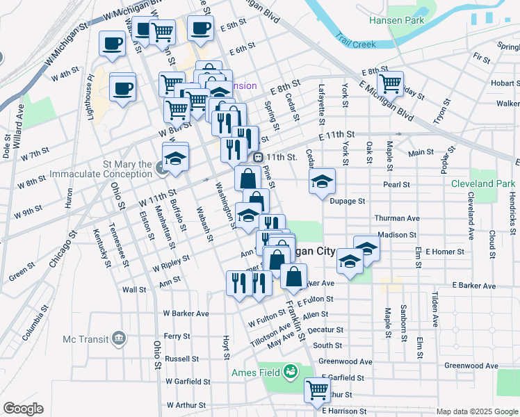 map of restaurants, bars, coffee shops, grocery stores, and more near 102 West William Street in Michigan City