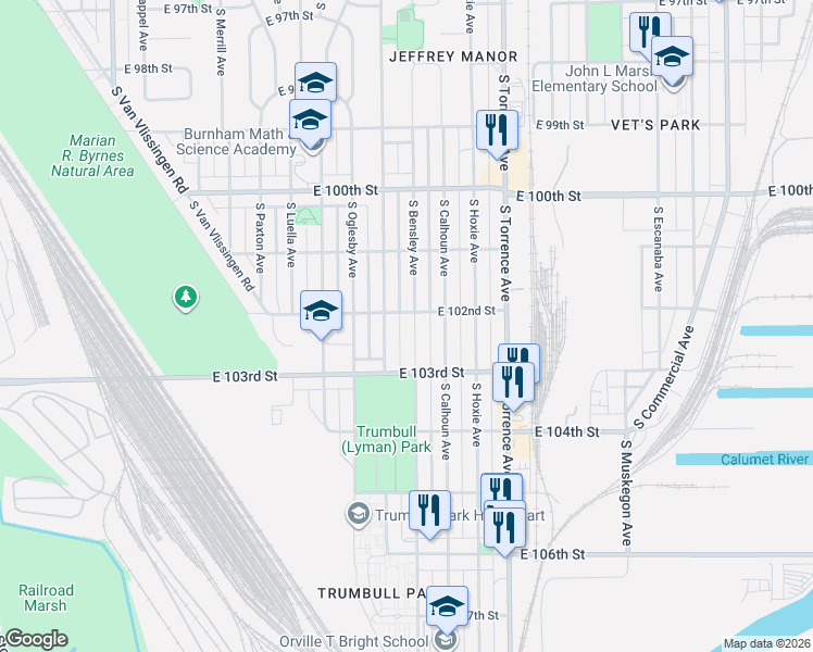 map of restaurants, bars, coffee shops, grocery stores, and more near 10235 South Yates Boulevard in Chicago