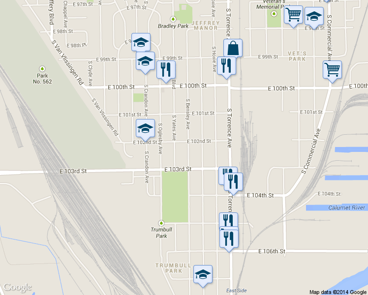 map of restaurants, bars, coffee shops, grocery stores, and more near 10235 South Yates Boulevard in Chicago