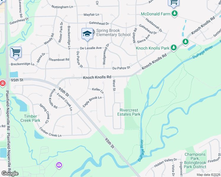 map of restaurants, bars, coffee shops, grocery stores, and more near 11S024 West Street in Naperville