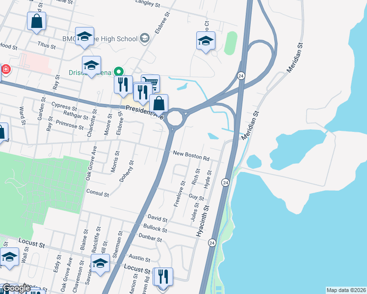 map of restaurants, bars, coffee shops, grocery stores, and more near 1281 New Boston Road in Fall River