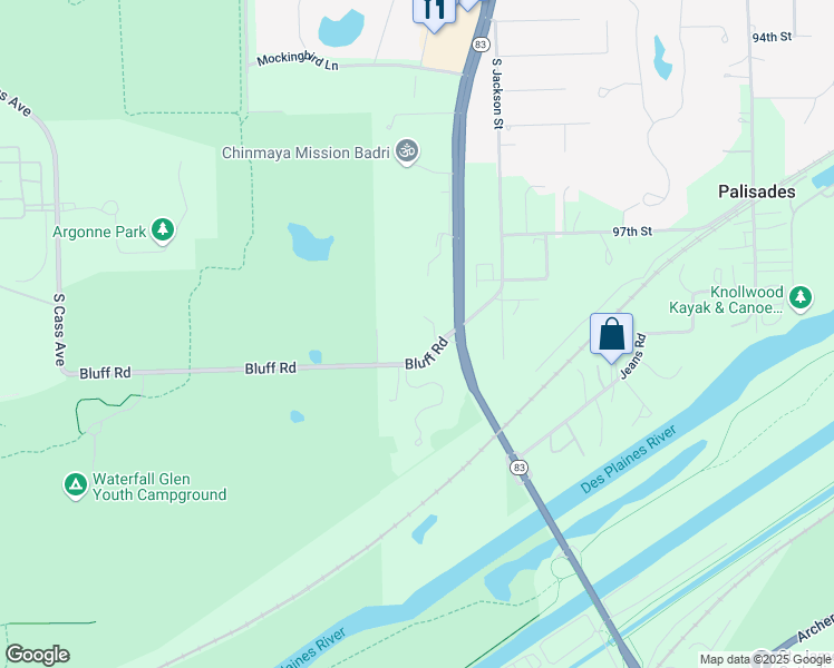 map of restaurants, bars, coffee shops, grocery stores, and more near 16W580 Bluff Road in Lemont
