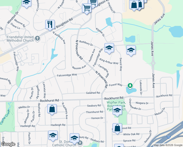 map of restaurants, bars, coffee shops, grocery stores, and more near 358 Leicester Court in Bolingbrook