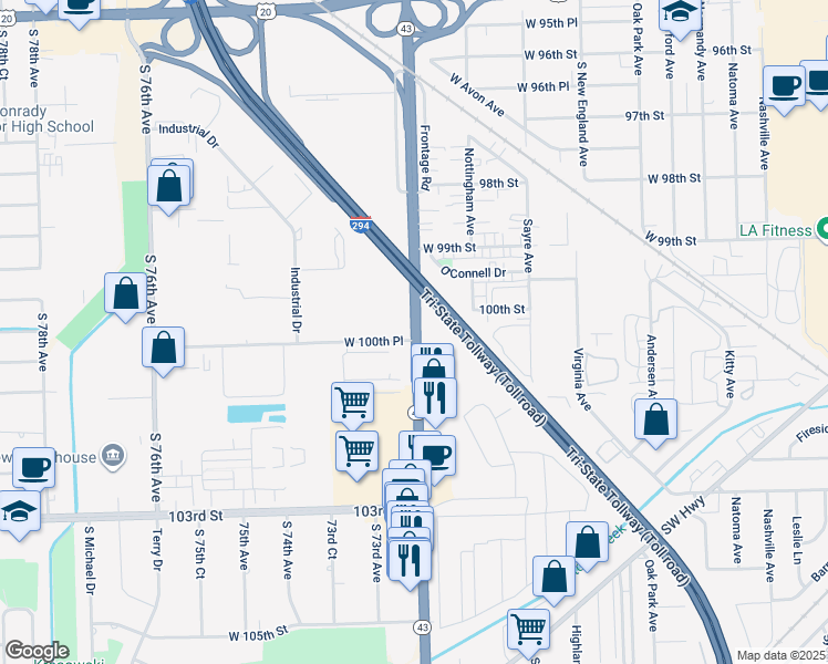 map of restaurants, bars, coffee shops, grocery stores, and more near 10009 Harlem Avenue in Chicago Ridge