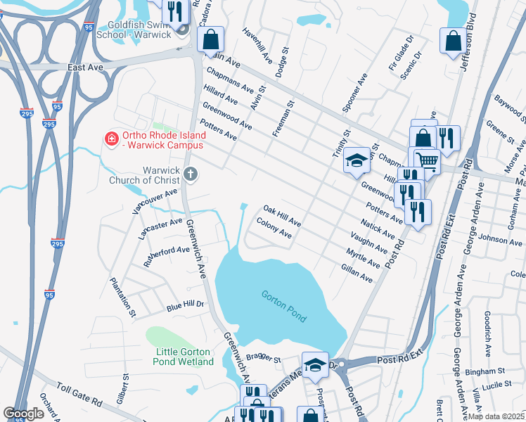 map of restaurants, bars, coffee shops, grocery stores, and more near 200 Gorton Lake Boulevard in Warwick