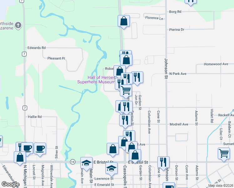 map of restaurants, bars, coffee shops, grocery stores, and more near 345 Country Club Drive in Elkhart