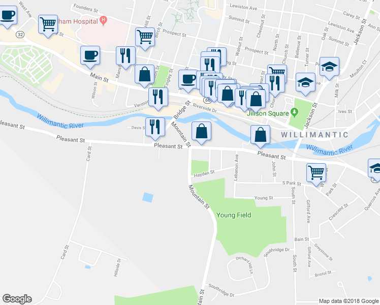 map of restaurants, bars, coffee shops, grocery stores, and more near 95 Mountain Street in Windham
